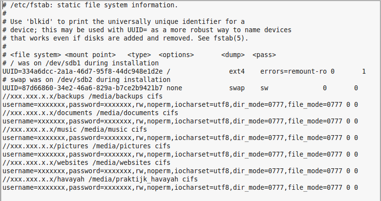 zo komt de fstab er uit te zien